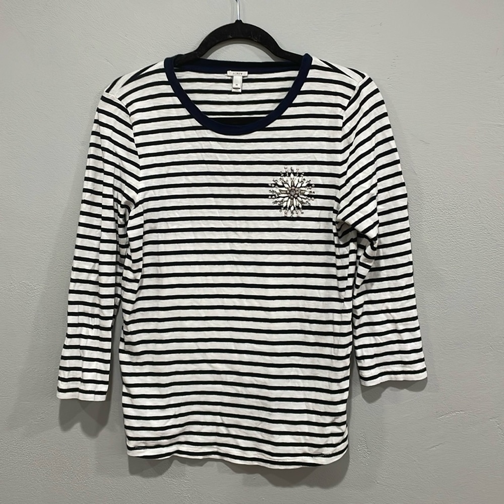 J.crew Navy And White Stripe Beaded Embellished Top Size Medium